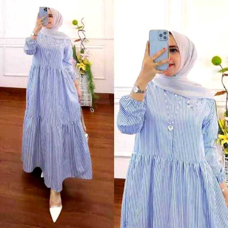 Midi Dress Chika / Gamis Midi Dress Salur Katun Murah