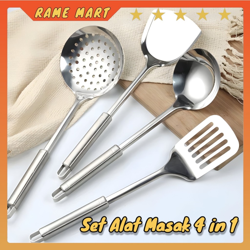 Paket Alat Masak 4in1 Stainless Steel Set Dapur Serbaguna Sutil Sendok Spatula Tahan Panas