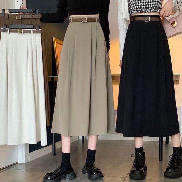 JESI Joy Skirtrok flare Wanita Korean Style Bahan semiwoll lokalModel Panjang  Midi