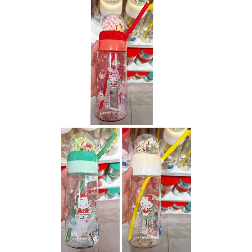 Botol Miniso - Sanrio Characters Christmas Collection Plastic Bottle with Straw and Crystal Ball (53