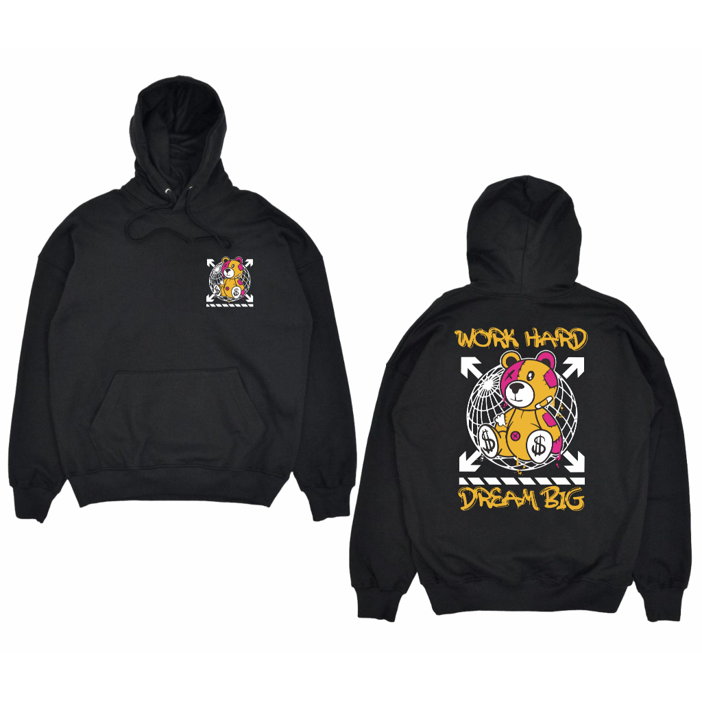 JAKET HOODIE DISTRO BERUANG WORK HARD DREAM BIG SIZE JUMBO