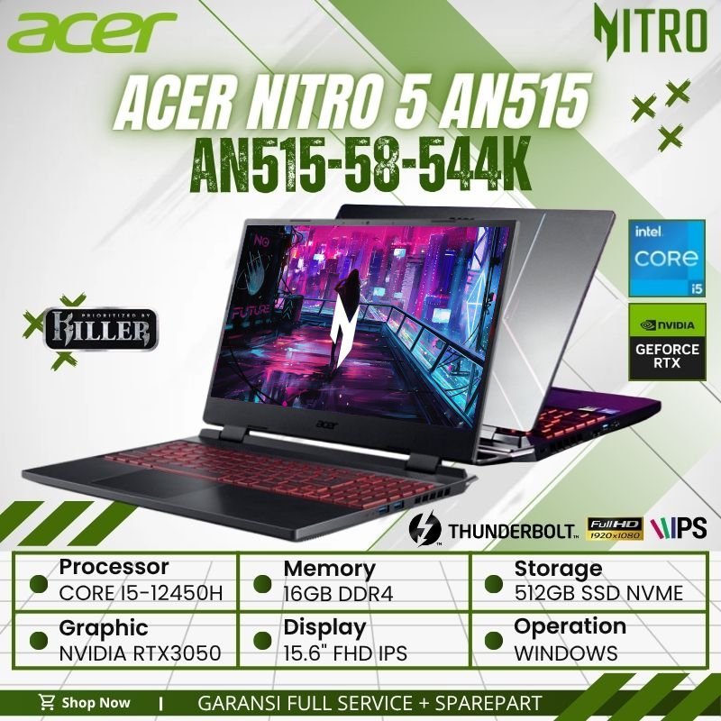 Laptop Gaming Acer Nitro 5 AN515 i5 12450H RTX3050 4GB | Ram 16Gb, Ssd 512Gb, RTX 3050 4GB, 15.6 Inc