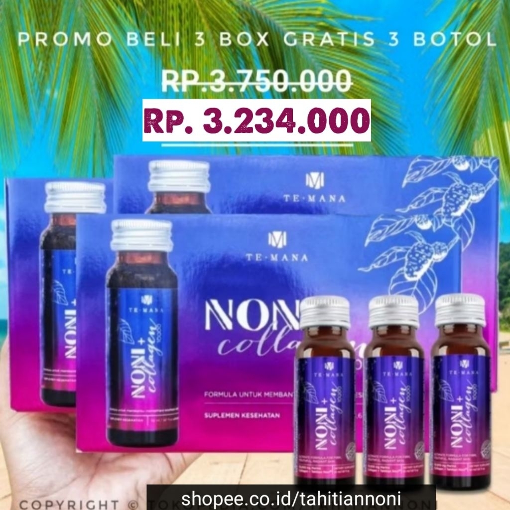 PROMO Beli 3 Box GRATIS 3 Botol (Total 33 Botol) TeMana Noni Collagen 10.000 mg Suplemen kulit kolag