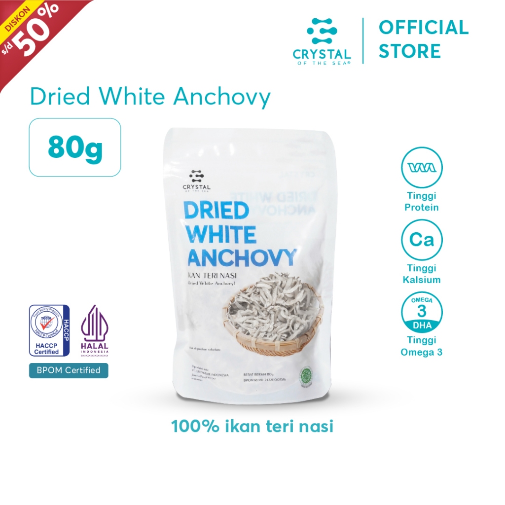 

CRYSTAL OF THE SEA Dried White Anchovy Ikan Teri Nasi Halal BPOM 80GR Kering Murni Low Salt Whitebait Lauk MPASI NON Pengawet 001