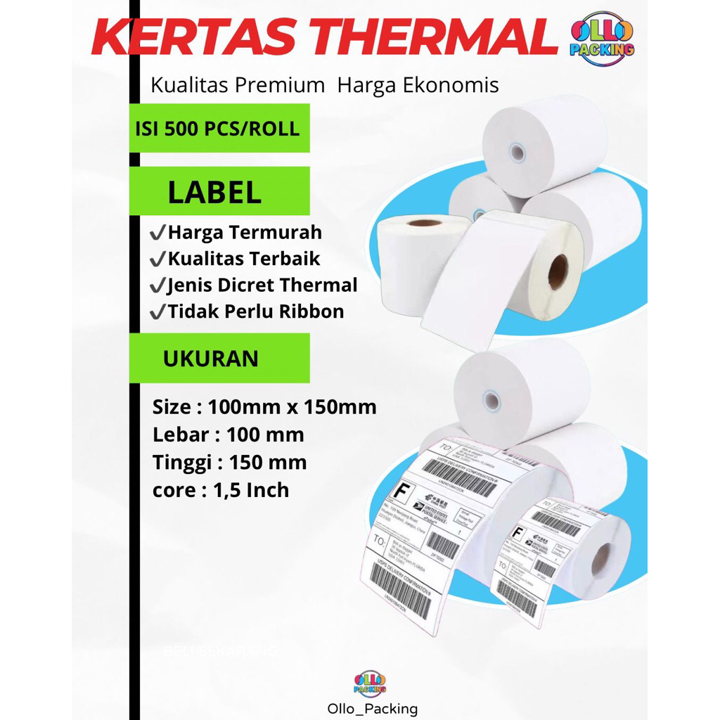 

GROSIR KERTAS THERMAL LABEL ROLLS STICKER 500PCS 100X150MM