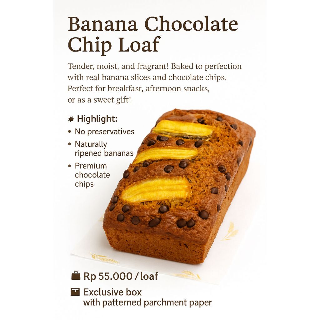 

D4 Bolu Pisang Chocochips Homemade 20 x 10 cm / BANANA BREAD CHOCOCHIPS 20 x 10 cm