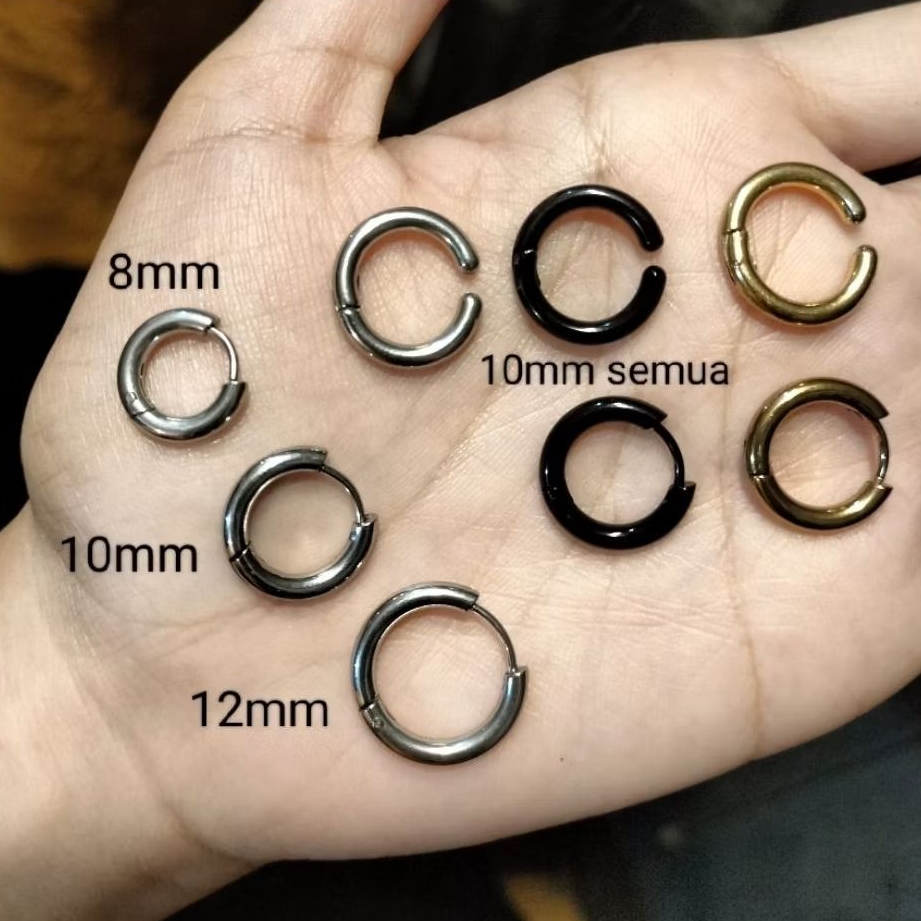 Anting Hoop Jepit dan Tusuk Tindik Piercing Cowok Cewek Titanium Stainles Silver Hitam Gold Polos