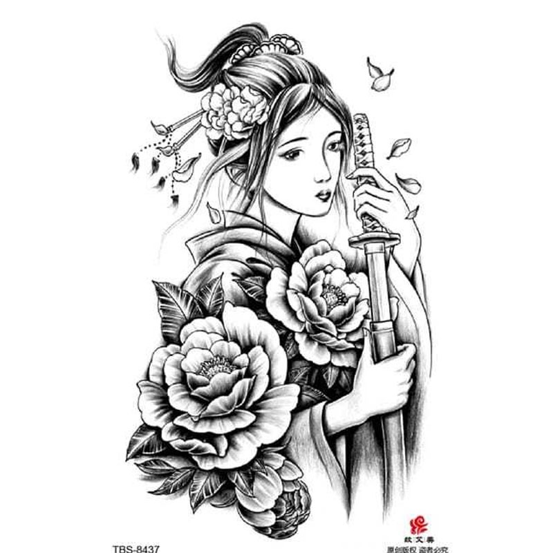 Tato Temporer Tatto Temporary TBS-8437 PRAJURIT WANITA SAMURAI JEPANG MAWAR PUTIH Tahan Air Lama