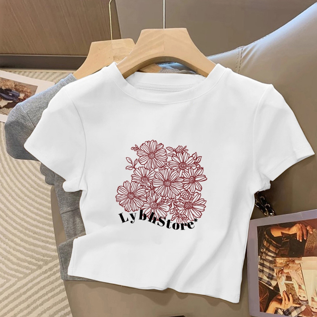 JW T-shirt Crop Top Lengan Pendek Kaos Wanita Crop Top Korea The world of flowers Print Kaos Crop Wa
