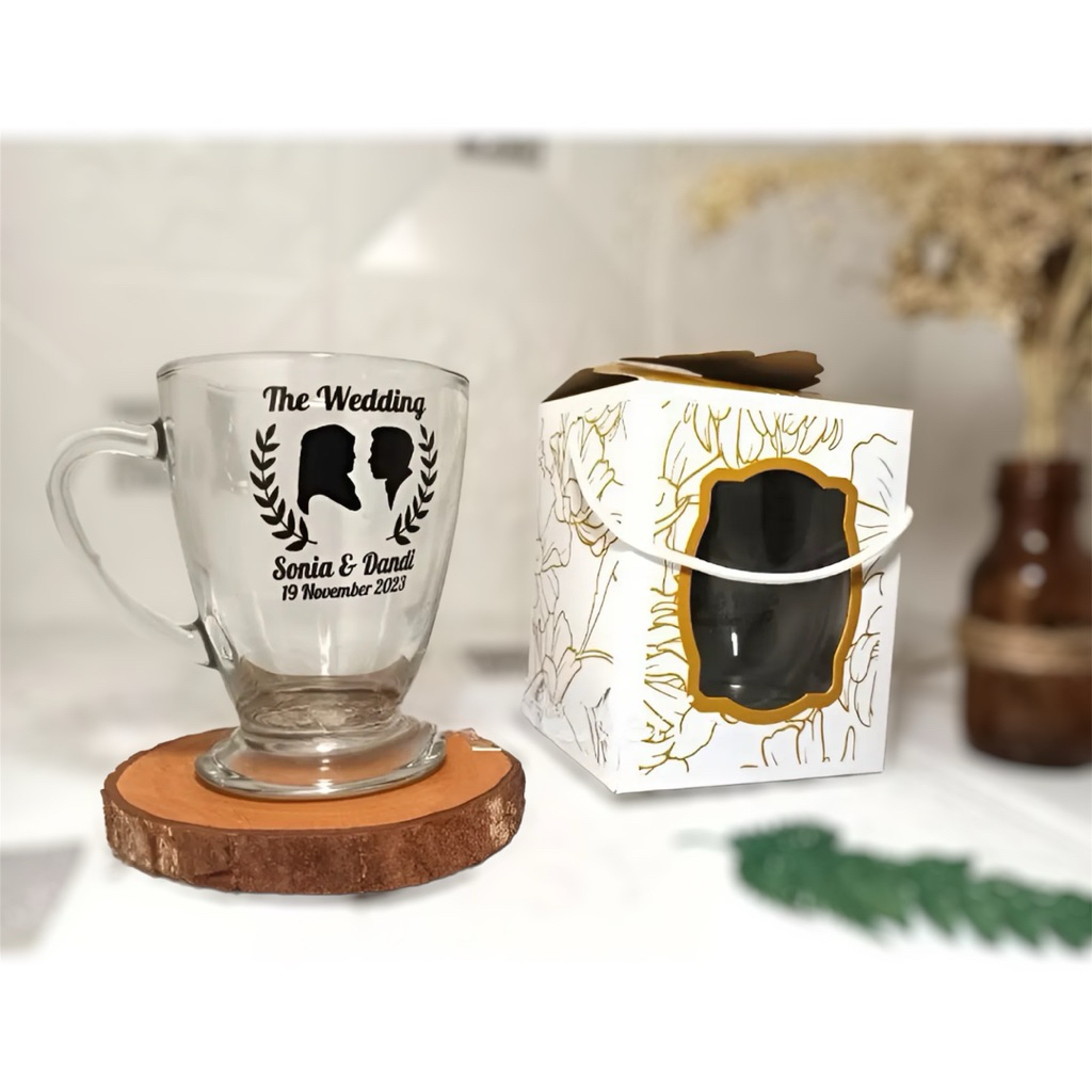 Souvenir Gelas Gagang Piala kemas box, Souvenir gelas kopi