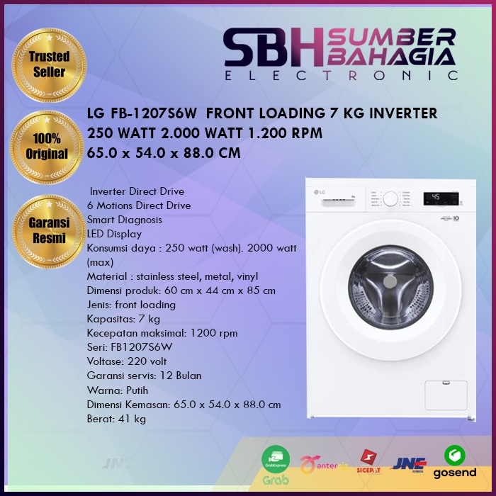 LG FB-1207S6W FRONT LOADING 7 KG INVERTER 250 WATT 2.000 WATT 1.200 RPM 600 X 850 X 440 MM (NEW) ( K