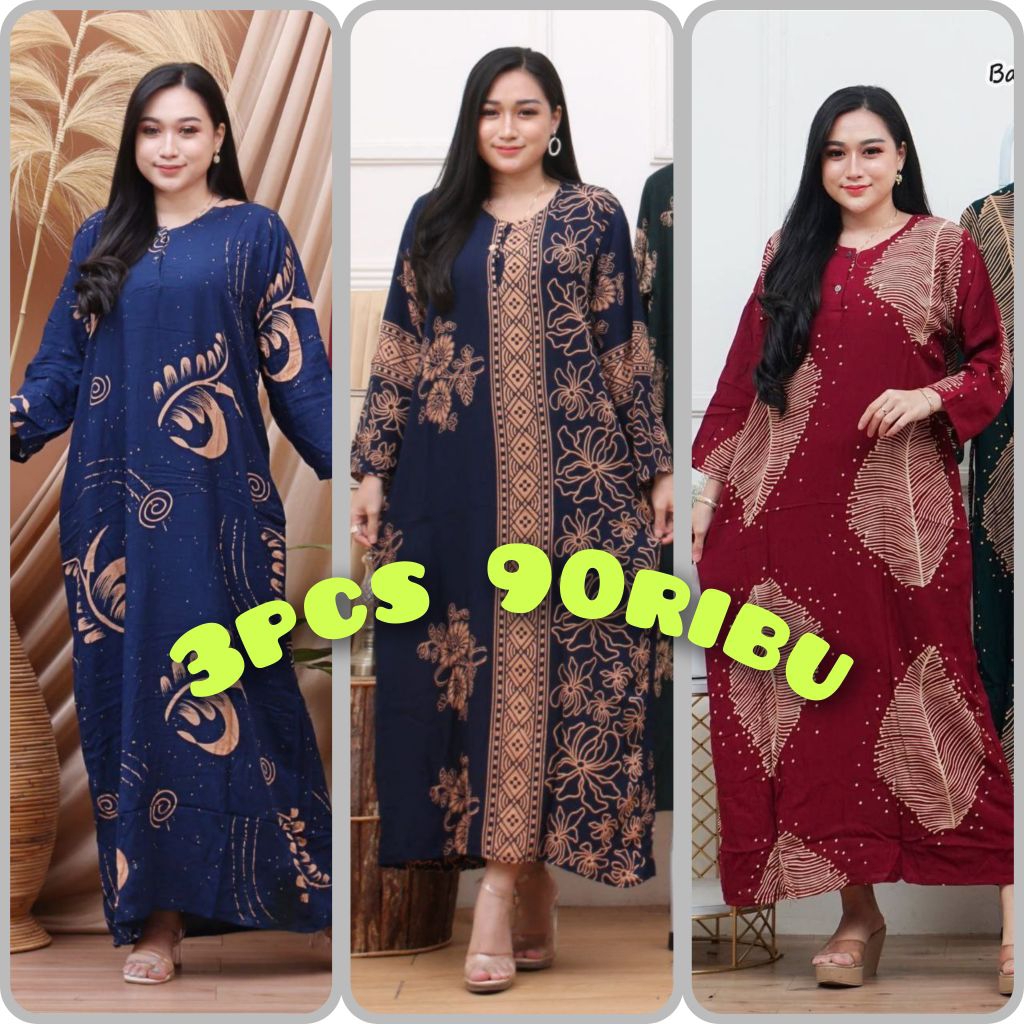 daster lengan panjang batik 3pcs cuma 90rban ld110cm pb125cm motif kekinian longdres batikdaster len