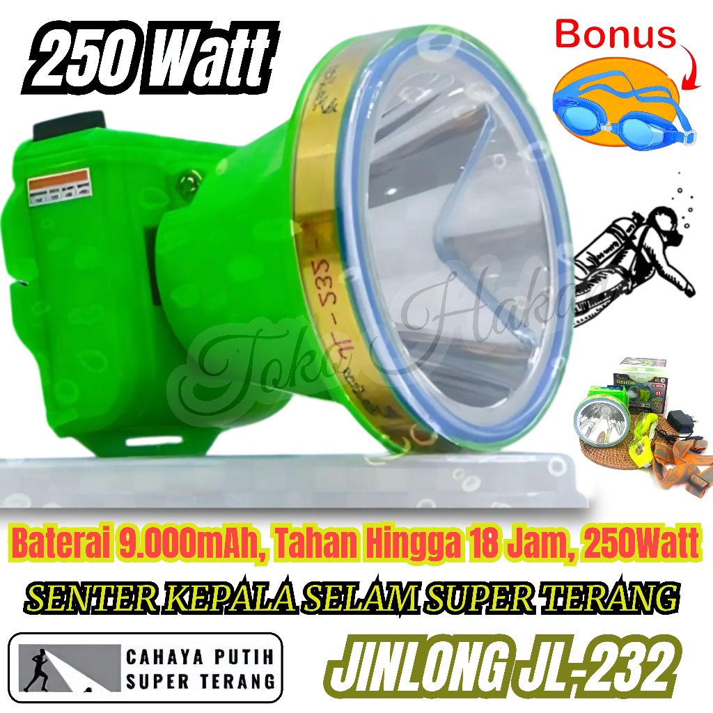 Senter Kepala Selam Jin Long 250Watt Jin Long JL-232P/JL-132P/K Headlamp Ring 98, 250W Cahaya Putih 