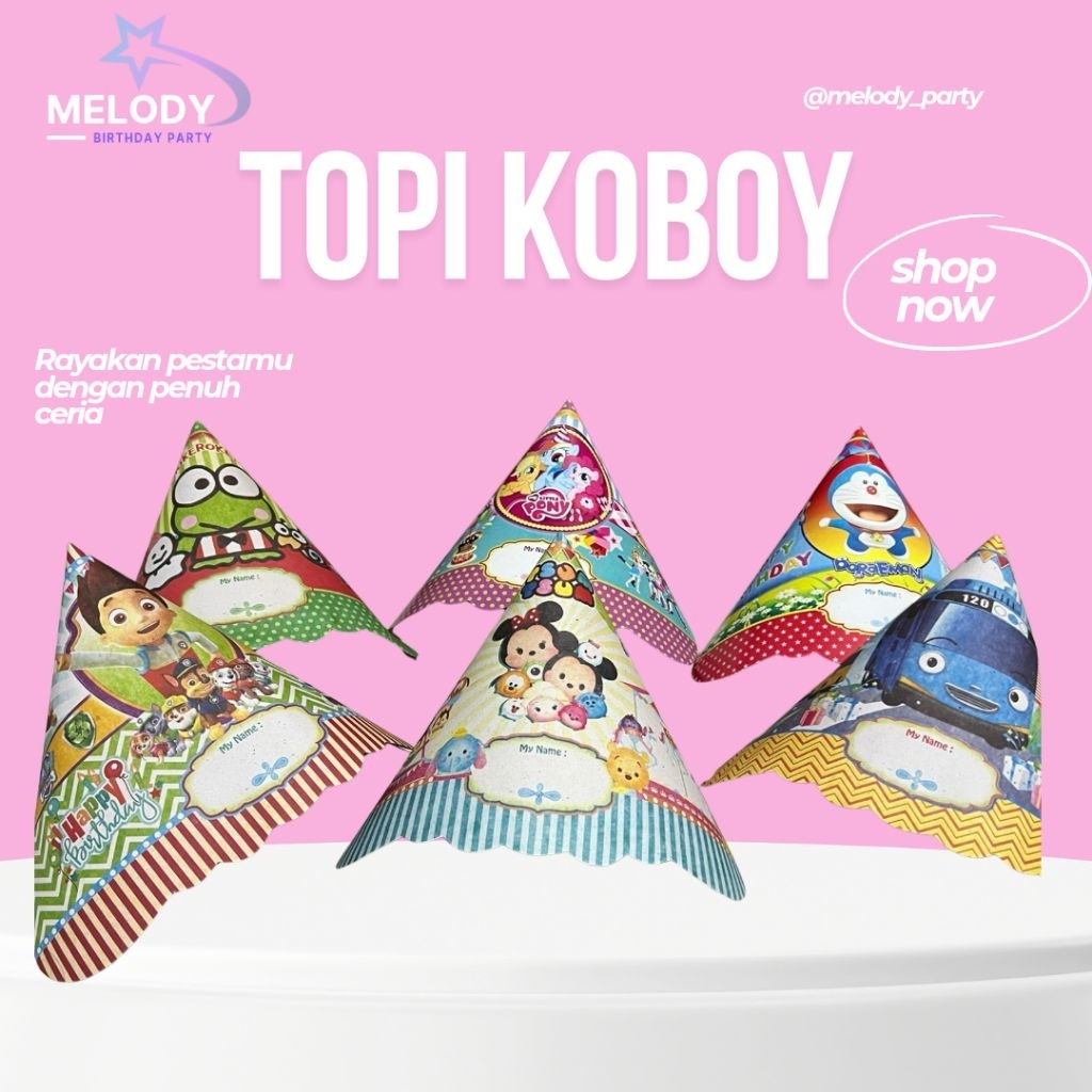Topi koboy ultah / topi kerucut ulang tahun / topi koboy karakter (isi 10 pcs)
