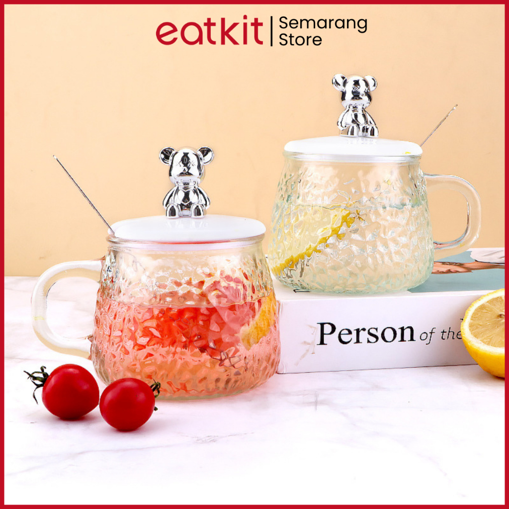 FLASH SALE EATKIT GELAS KACA AESTHETIC ALA KOREA 450ML MUG KACA SOUVENIR DENGAN TUTUP BERUANG GELAS