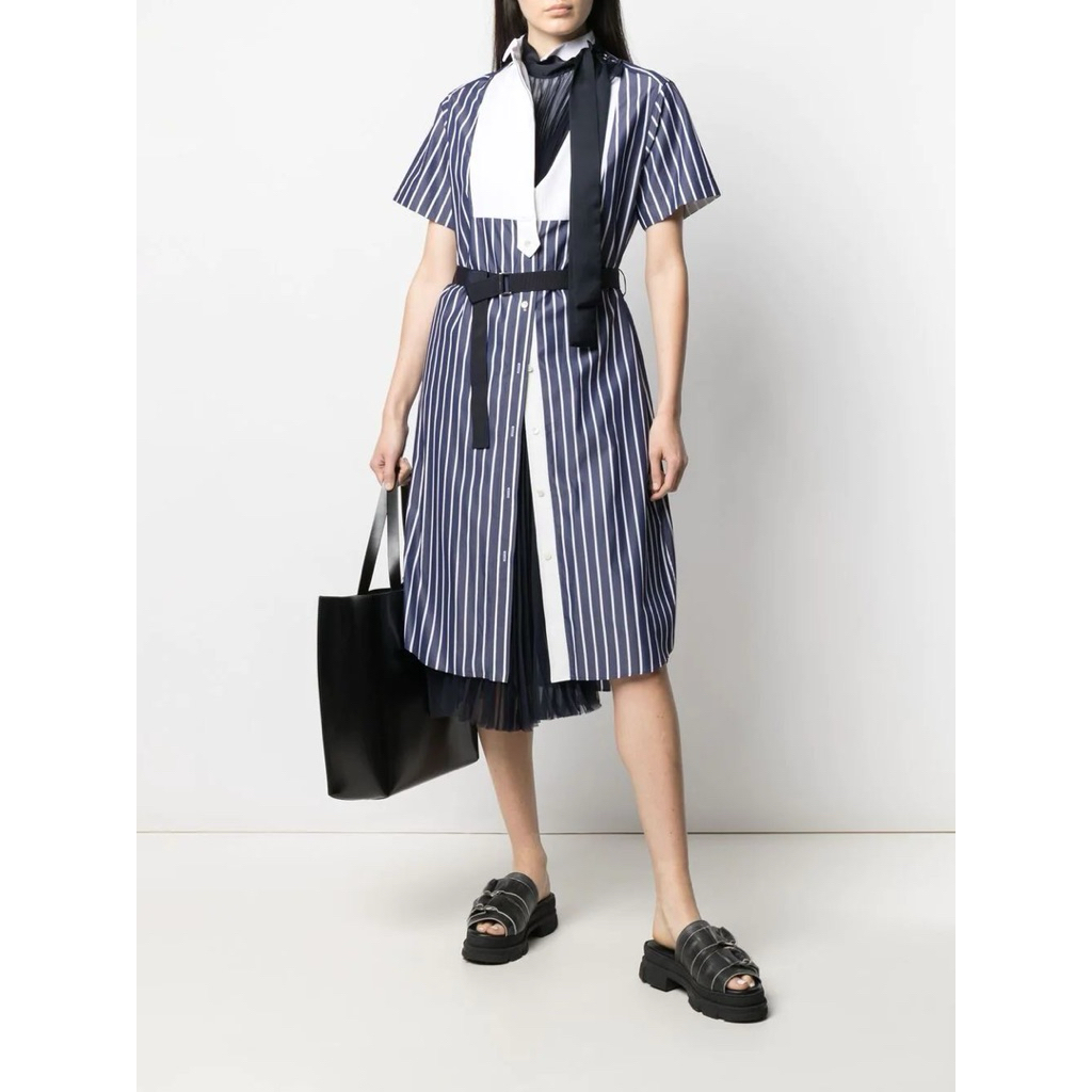 SACAI - Striped Dress Mixed Pleats And Belt Size 2