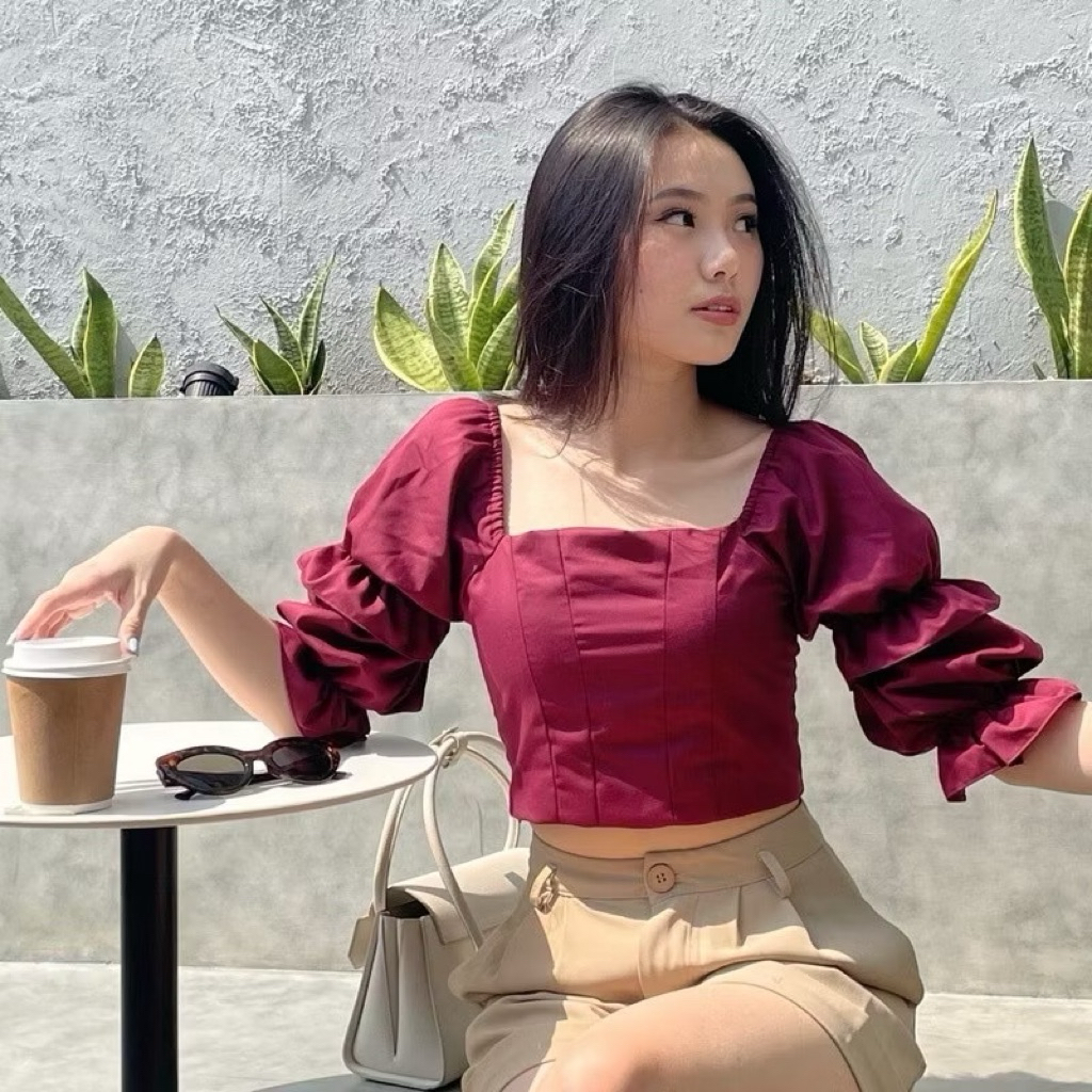 Mita Top Maroon /Atasan Wanita Sabrina off shoulders / Top Blouse Lengan Panjang Susun Balon/atasan 