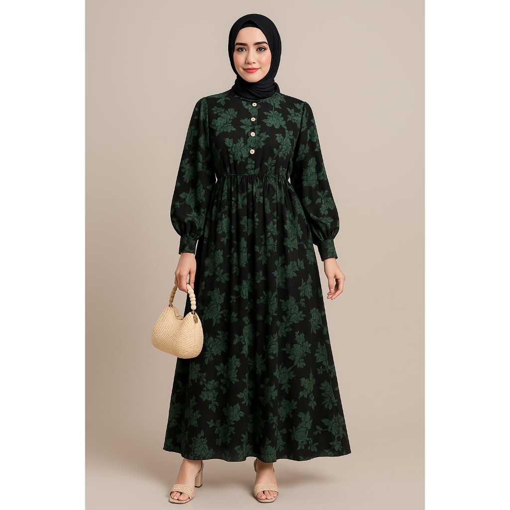 Gamis Hitam Motif Daun Elegan – Busui Friendly, Lengan Balon | Dress Muslimah Kekinian