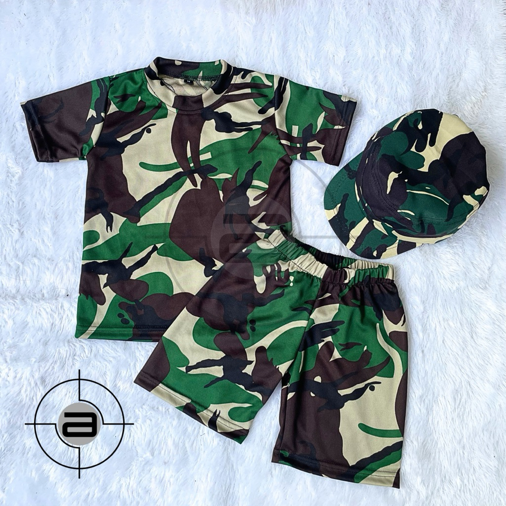 Setelan loreng anak baju celana dan topi pet komando usia 1-8 tahun set tentara