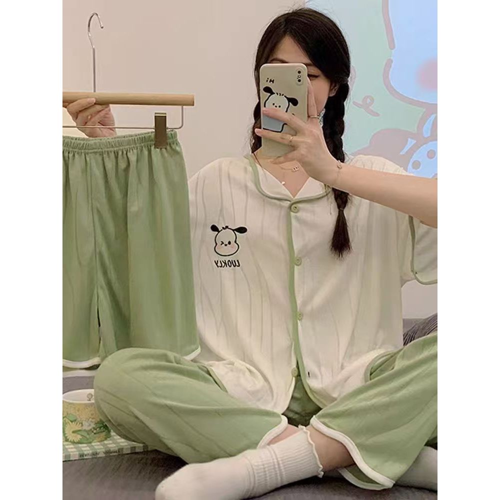 PusatPiyama Setelan 3in1 Baju Tidur Wanita Bahan Kaos Lengan Pendek Piyama Import