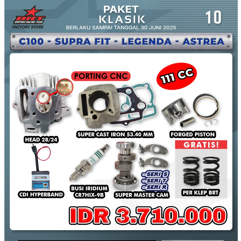 PROMO PAKET KLASIK BRT/ HEAD/ BLOK CAST IRON/ PISTON/ CDI HYPERBAND/BUSI IRIDIUM/ SUPER MASTER CAM B