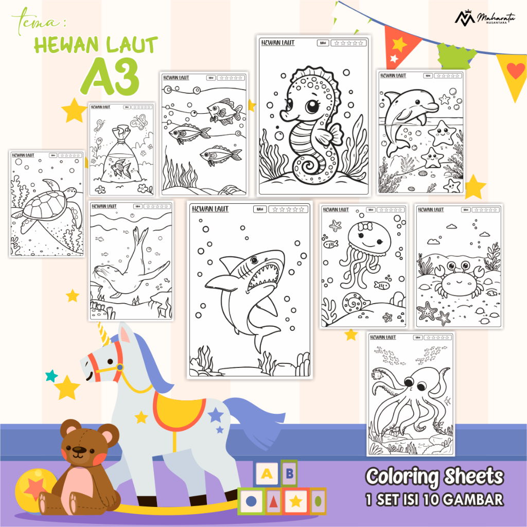 

[A3] LEMBAR MEWARNAI UNTUK ANAK - KERTAS GAMBAR 1 SET READY STOCK - COLORING SHEETS TEMA HEWAN LAUT
