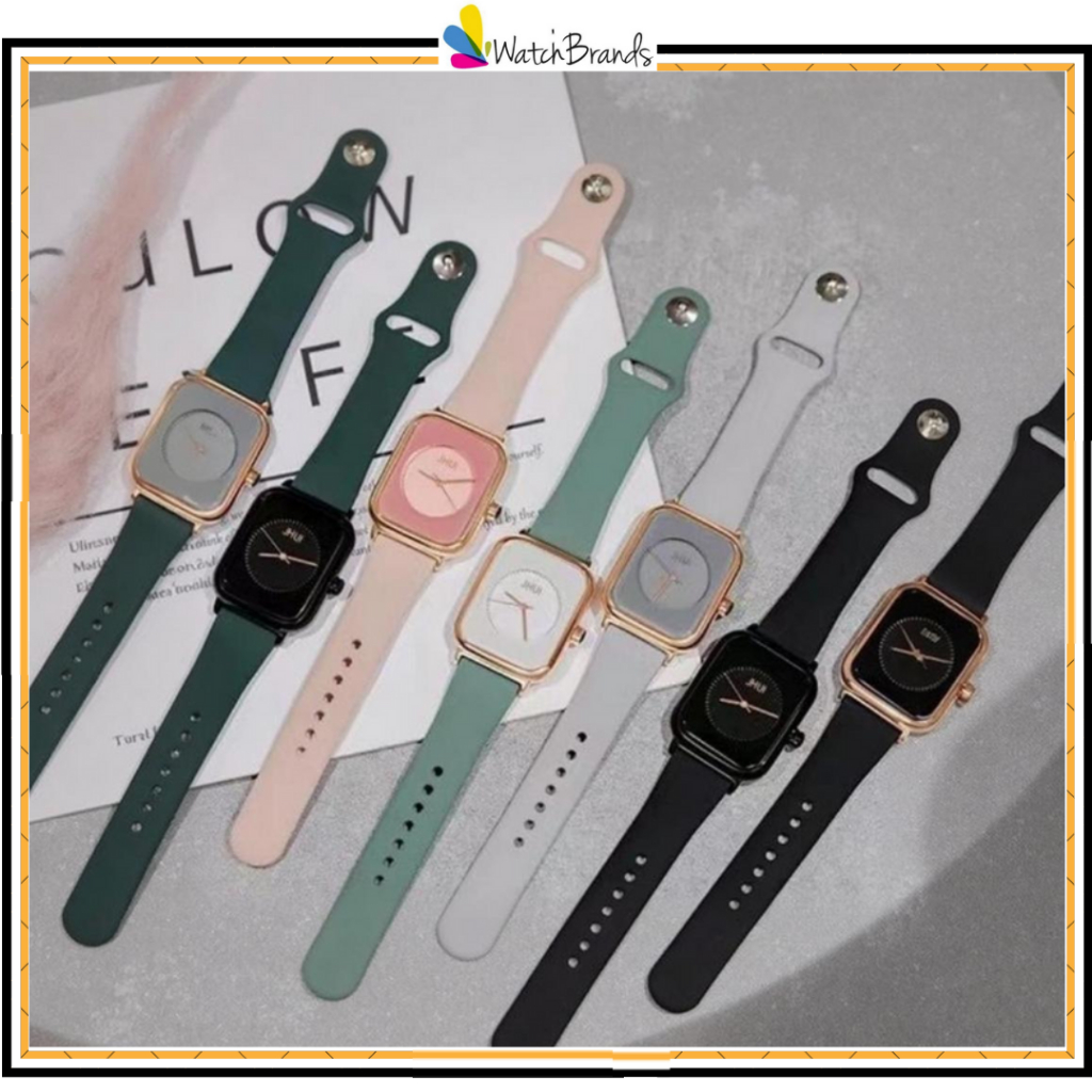 Jam Tangan Analog Quartz Rubber Pria Wanita Kotak Persegi