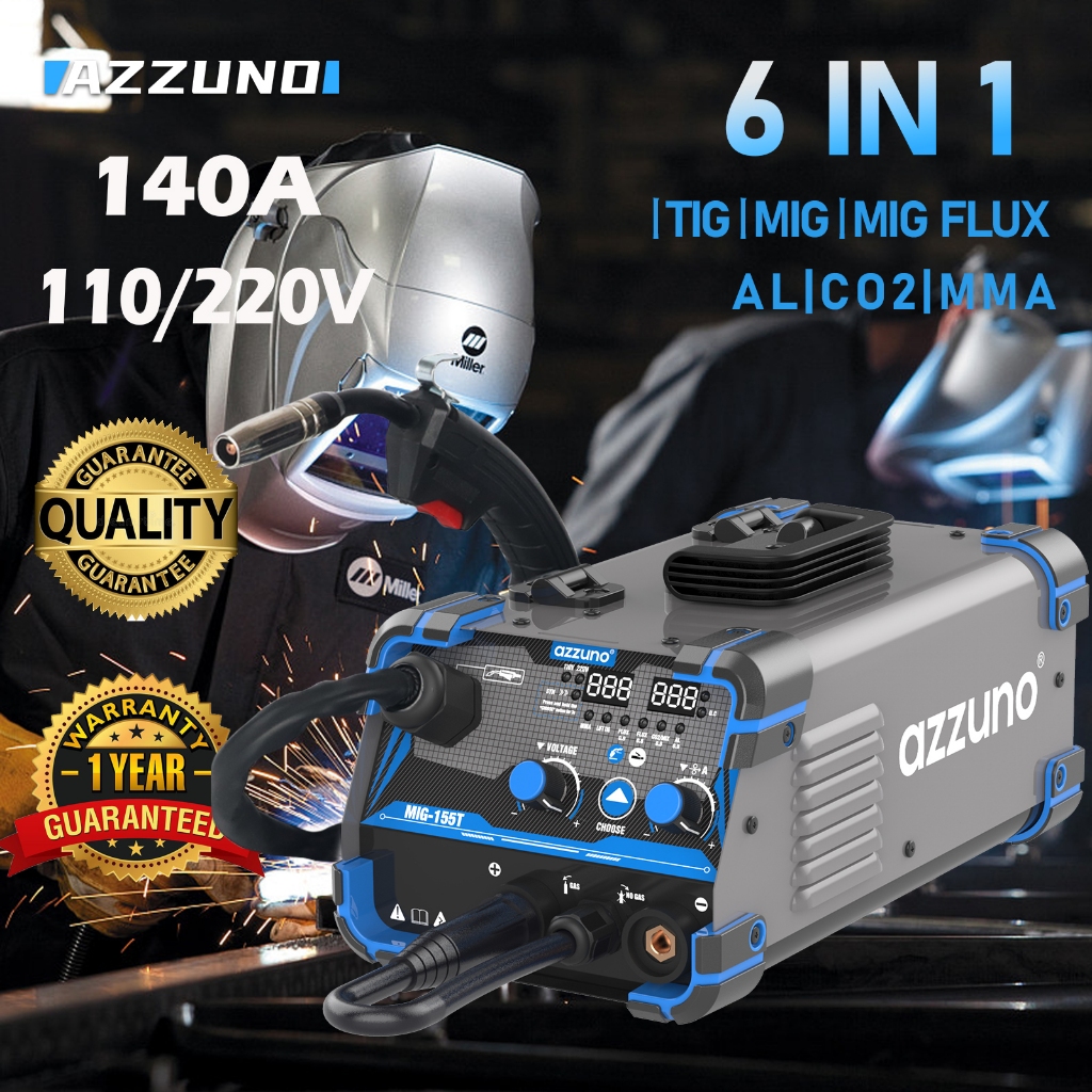 Azzuno mesin las listrik aluminium otomatis 6 in 1 AL TIG MMA MIG CO2 multifungsi tanpa gas 140A mes