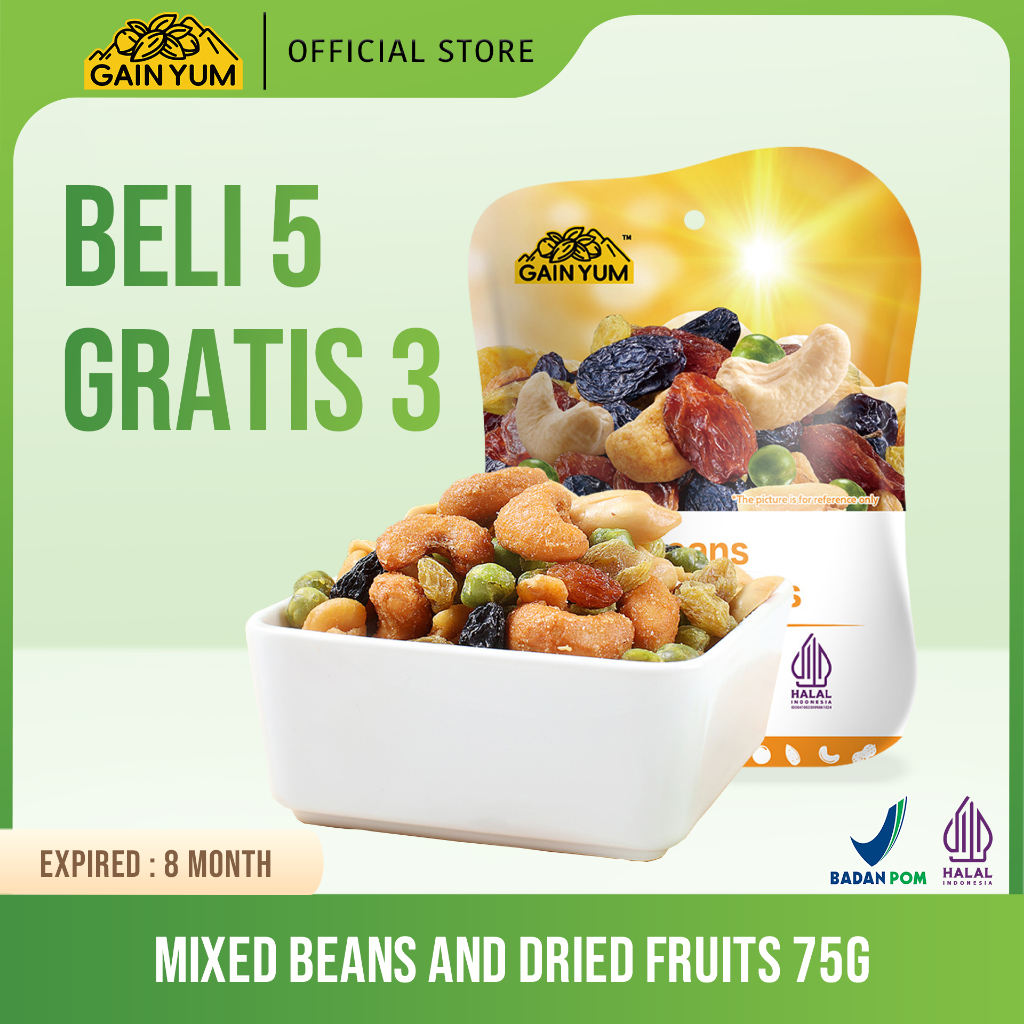 

Gain Yum - 5 pcs Kacang Campur dan Buah Kering Kam Yuens Mixed Beans and Dried Fruits 75G