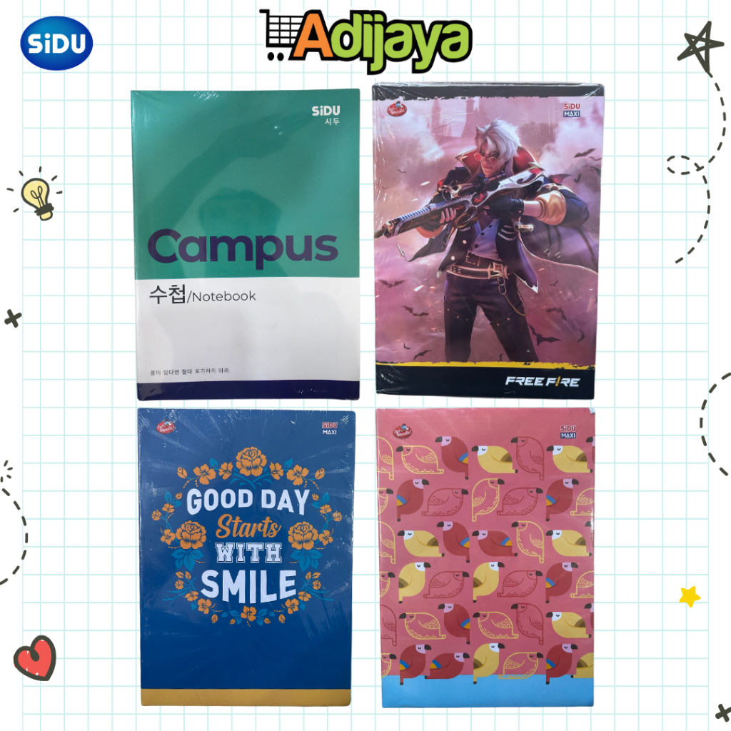 

SiDU 42 Lembar 1 Pak isi 5 buku / Buku Tulis Sekolah Sidu CAMPUS MAXI Garis Boxy + Sticker per pak