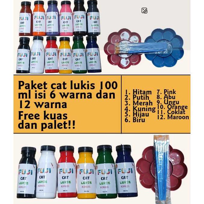 

KODE E74A 1 Paket cat 1 ML isi 6 warna dan 12 Warna bonus kuas dan palet