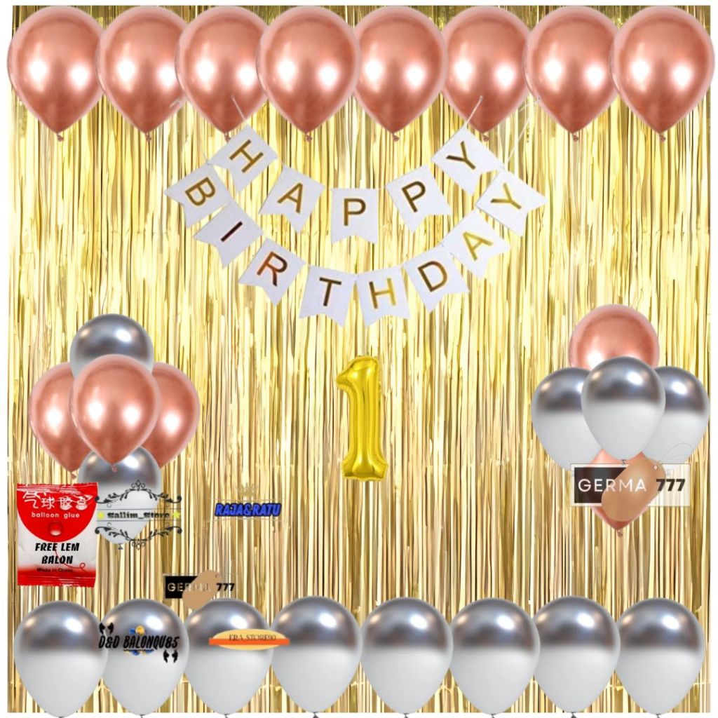 Set Dekorasi Pesta Ulang Tahun Anak Banner Happy Birthday Balon Rosegold Silver Ultah Hbd Tirai Foil