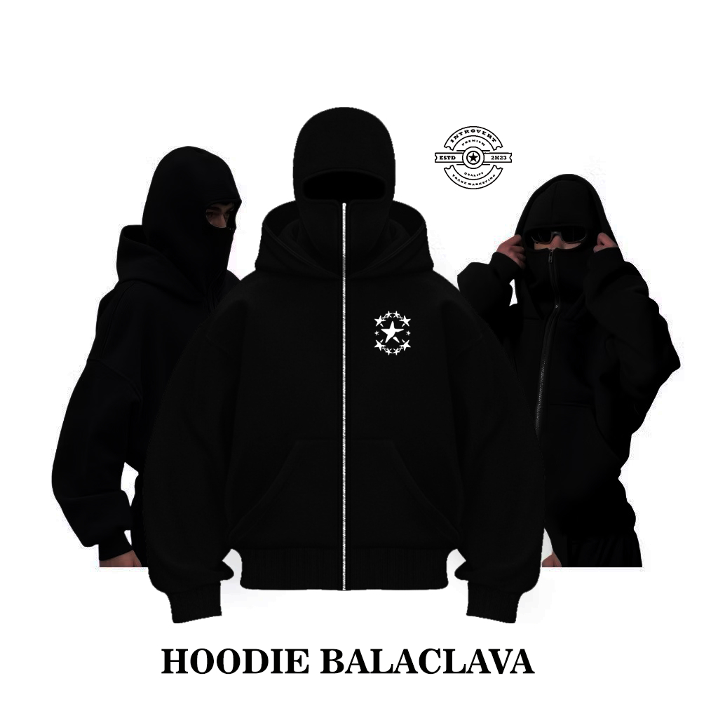 INTROVERT Hoodie Balaclava Boxy Hitam - balaclava hoodie - hoodie zipper balaclava - hoodie balaclav