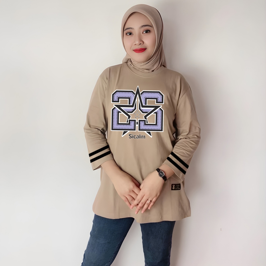 kaos stripe wanita oversize kaos wanita lengan 3 4 jumbo kaos salur wanita lengan panjang striped