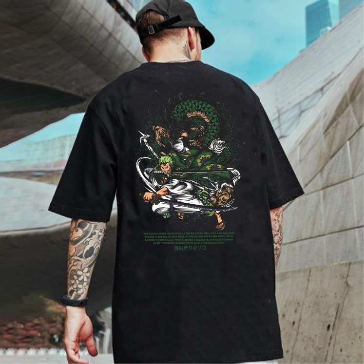 GAZFER Kaos Baju Oversize One Piece Zoro Juro Street Style Lengan Pendek Katun Murni Pria Wanita