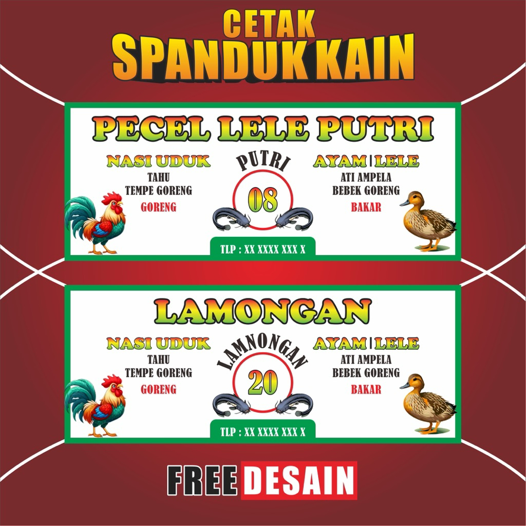 (FREE DESAIN) Cetak Spanduk Kain Pecel Lele, Nasi Uduk, Nasi Bebek, Nadi Goreng, Angkringan, Dll