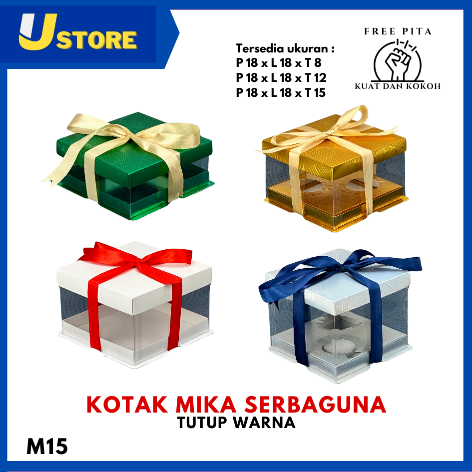 

Kotak Kue Box Mika Cake Box 18x18 cm Box Puding Kotak Kue Mika Transparan PET Kotak Kado Kotak Cupcake Toples Dus Hadiah - Tutup Warna/ M15