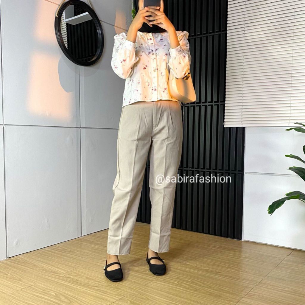 Pants Celana Kerja Wanita Bahan Drill Premium Panjang Hitam Jumbo Pinggang Karet Kekinian