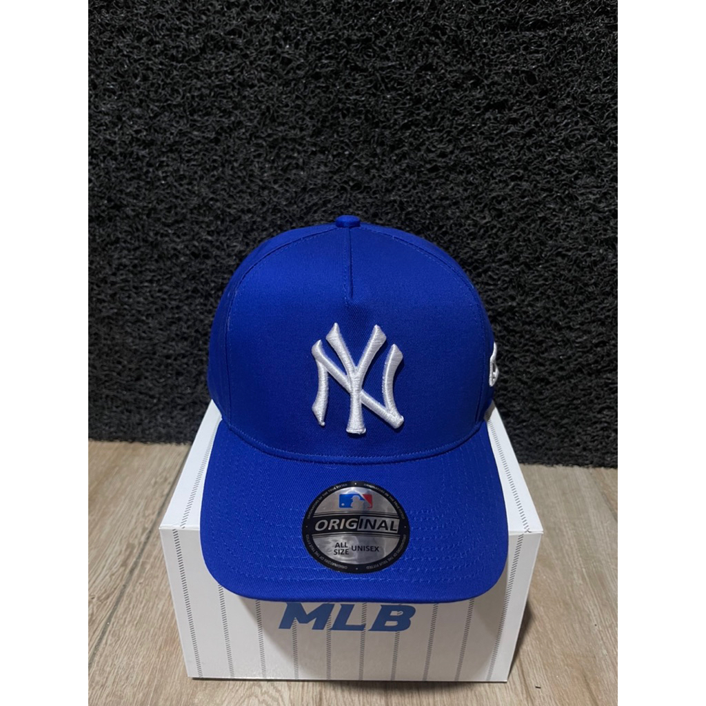 Logo Bahan Biru NY Putih Topi Premium Pria Wanita