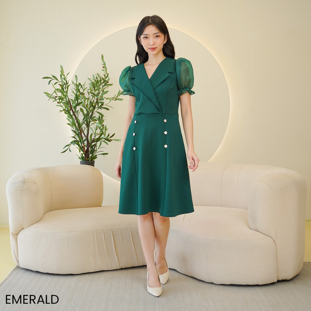 Ganie Scuba dress Button Formal Dress Wanita Blazer lengan Puff Organza