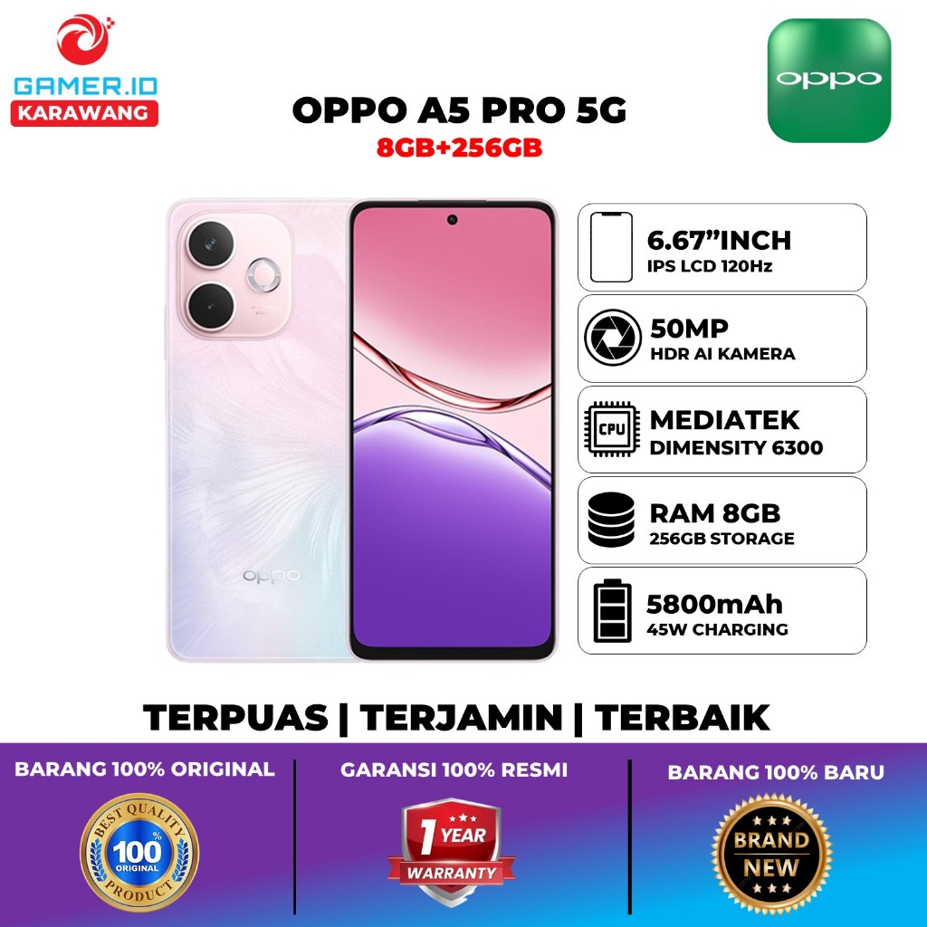 Oppo A5 Pro 5G Ram 8GB Memori 256GB Mediatek Dimensity 6300 Kamera 50MP Baterai 5800mAh