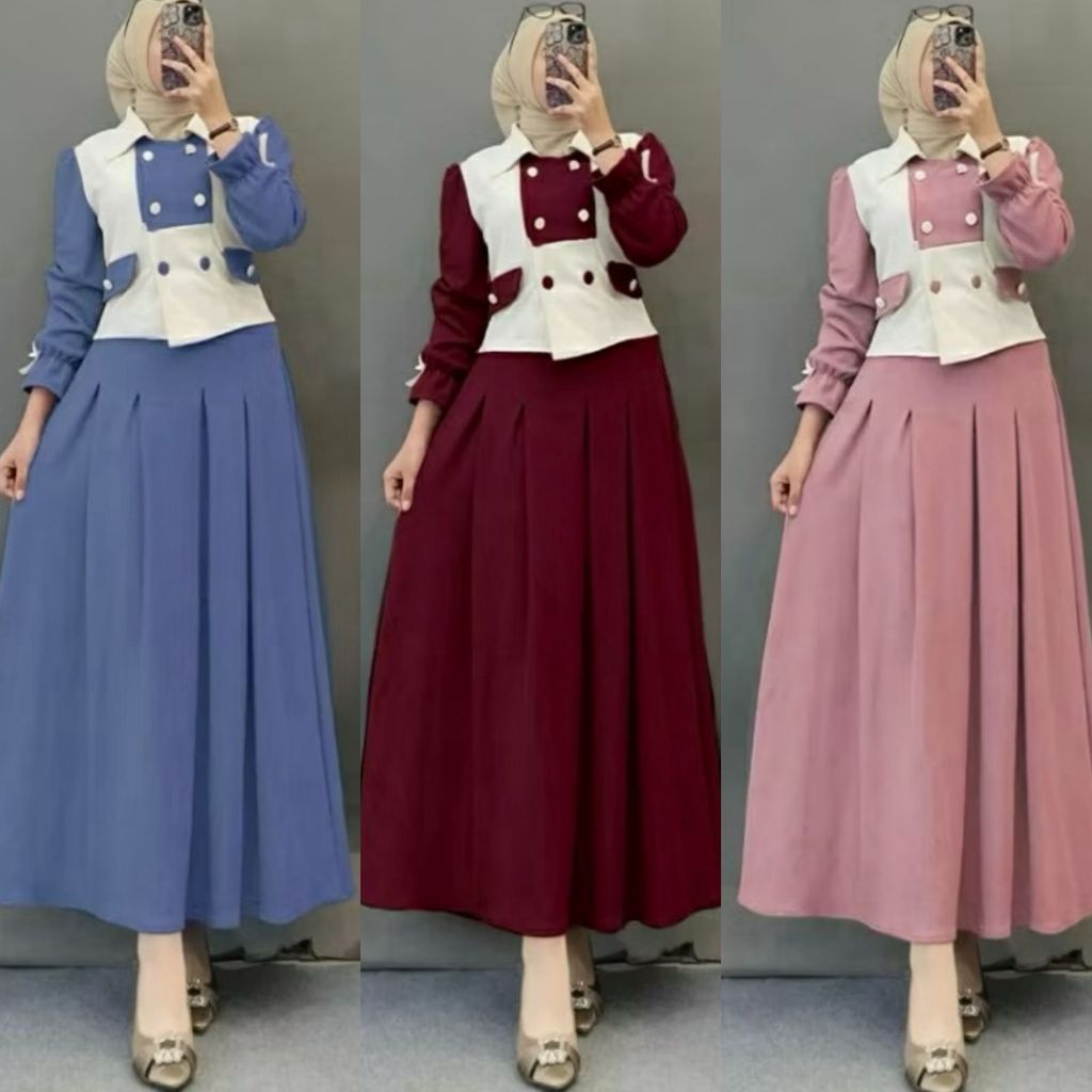 Setelan Rok Kancing Crinkle Airflow LD 110, Busana Muslim Wanita Polos Kekinian, Set Ghea