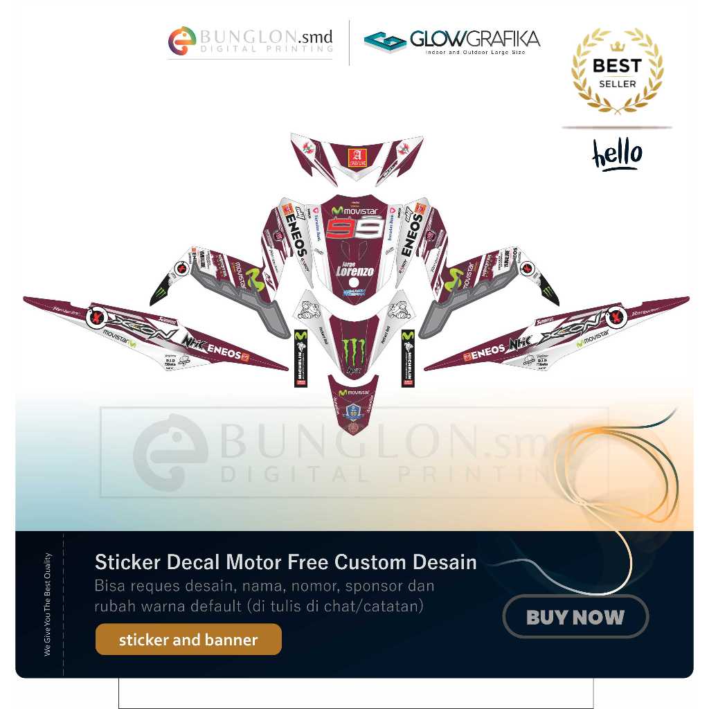 DECAL STIKER MOTOR CUSTOM YAMAHA XEON EDISI JL 99 MOVISTAR UNGU
