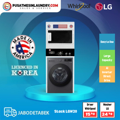 LG Mix Stack Mesin Cuci 20kg & Mesin Pengering Gas 15kg LGW20 Kaca Jumbo