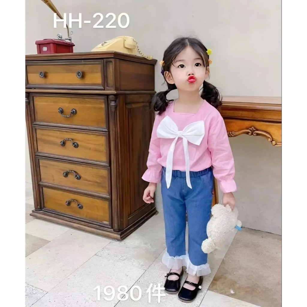 Setelan Pakaian Anak Perempuan Usia 1-4 Tahun | One Set Baju Atasan Katun Lengan Panjang Serut Leher