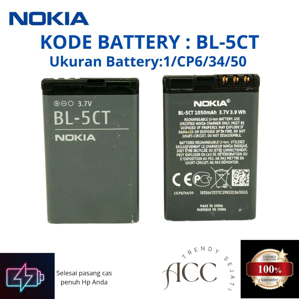 ORIGINAL BATERAI FOR  BL-5CT BL5CT Compatible Hp Nokia Jadul 3750c 5220 5630 C3-01 C5 C5-00 C6-01 63