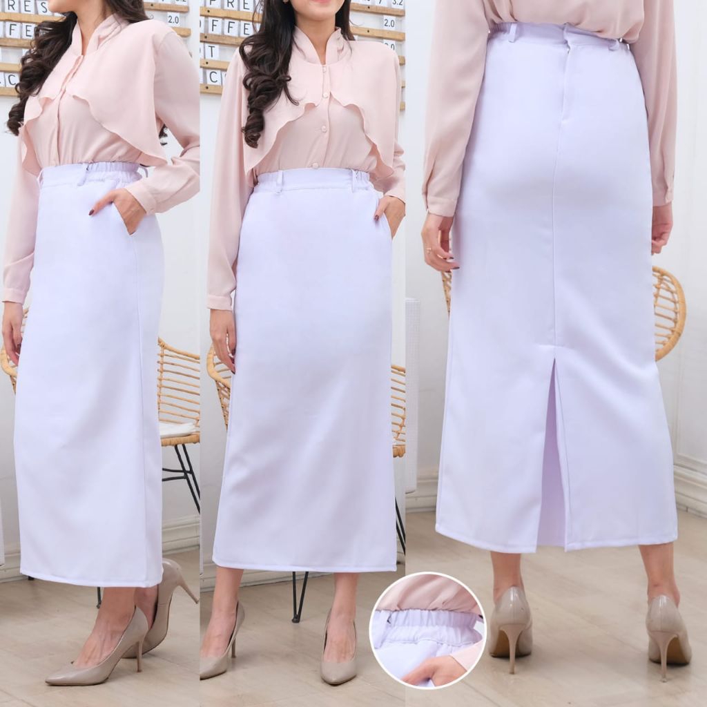 PROMO / BAHAN PREMIUM / Rok Span Kerja Wanita Panjang Kantor Hitam Rempel Bawah Pinggang Karet