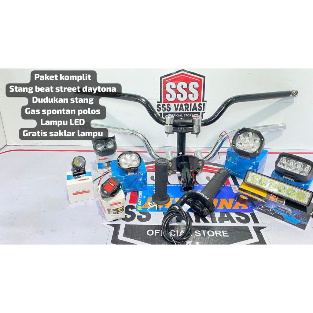 Paket komplit stang model beat street daytona+dudukan stang+Gas spontan polos+lampu LED+Bonus saklar
