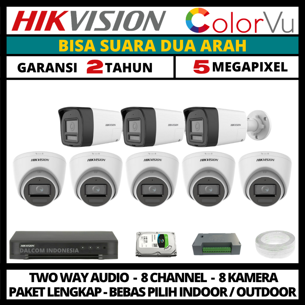 Paket cctv hikvision colorvu 5mp 8 channel 8 kamera two way audio paket cctv lengkap