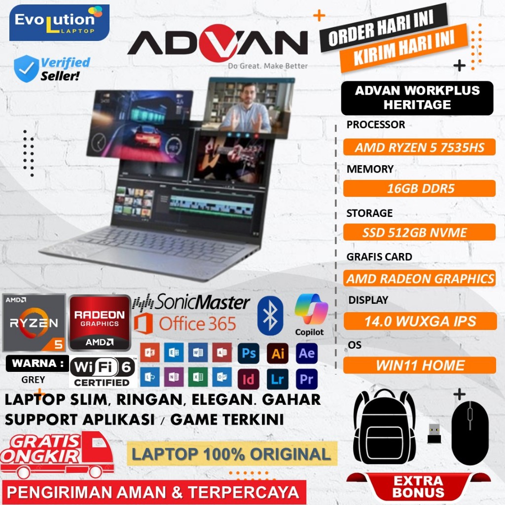 Laptop Advan Workplus Heritage 14 1701 L25B-R57S1 AMD RYZEN 5 7535HS 32GB DDR5 1TB 14.0 WUXGA IPS